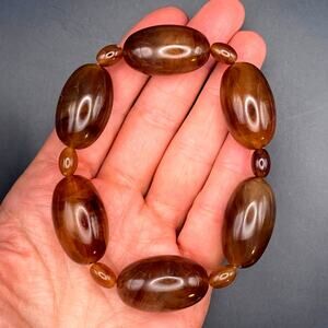 Vintage Mid Century Amber Chunky Bold Oval Beaded Stretch Bracelet
